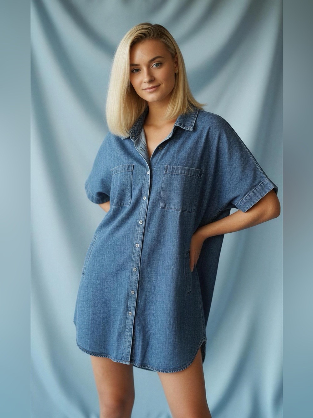 Denim Short-Sleeve Denim Mini Dress - Blue